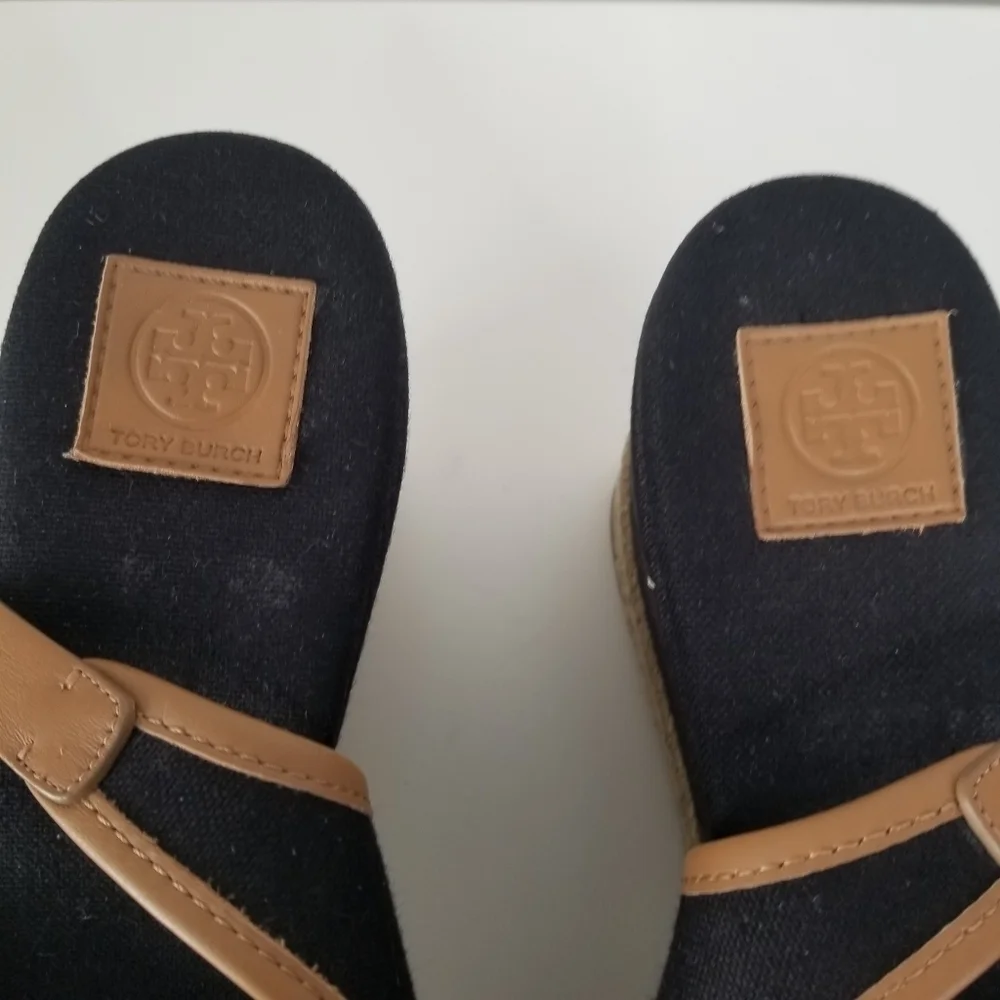 Tory Burch Majorca Peep Toe Sling Back Espadrille Wedges Size 9.5 Black/Tan